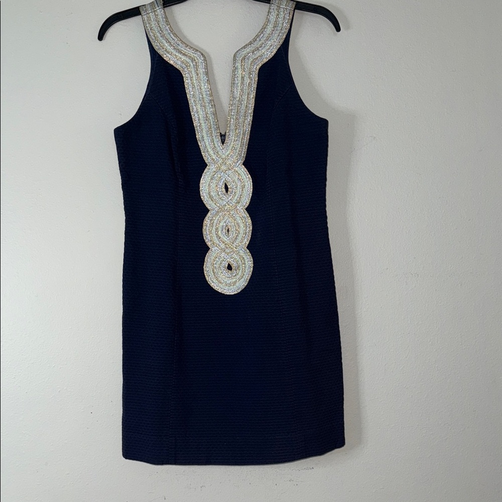 Lilly Pulitzer True Navy Dress with Gold and Silver Embellishments